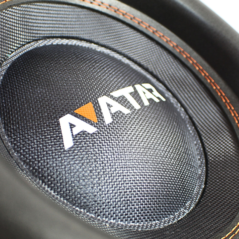 Close-up of the orange cone logo and Avatar-branded dust cap on the STU-1246-D2 subwoofer for SPL performance.
