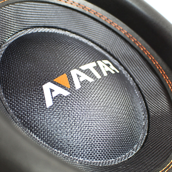 Close-up of the orange cone logo and Avatar-branded dust cap on the STU-1246-D2 subwoofer for SPL performance.