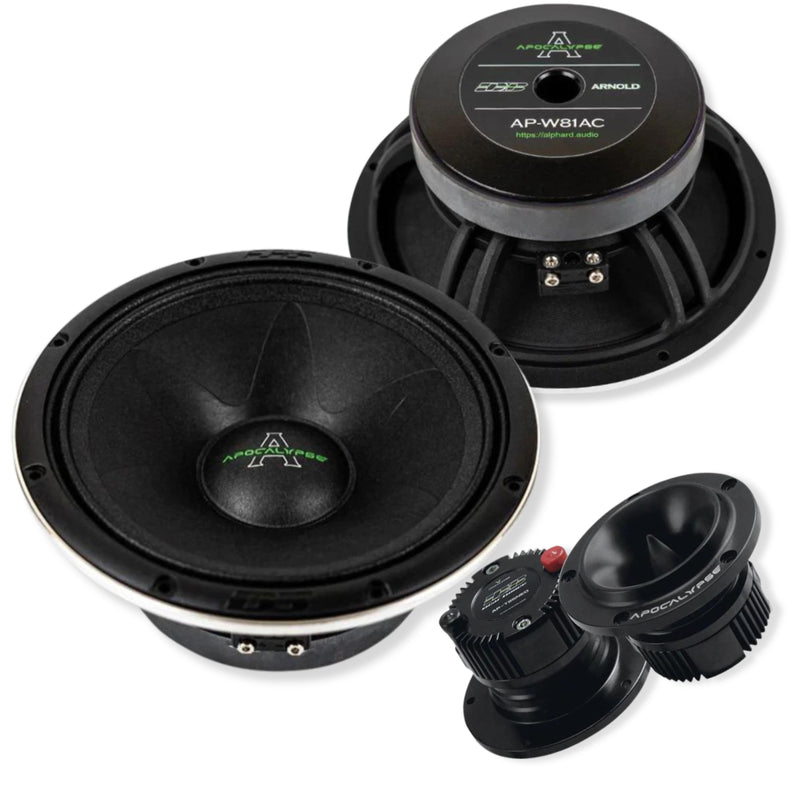 Complete set of Deaf Bonce 8-inch mid-bass speakers and 1-inch bullet tweeters with mounting hardware and accessories.