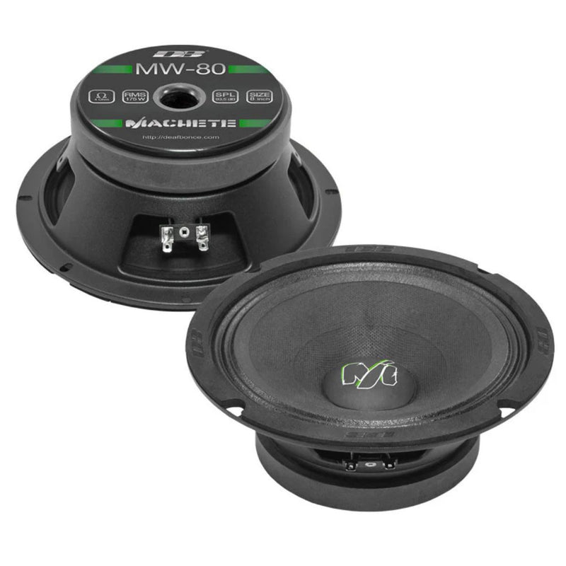 Power up your mids with the Deaf Bonce Machete MW-80 8″ speakers. Featuring 200W RMS, a stamped steel frame, and 98dB sensitivity, these speakers deliver loud, clean midrange in any car audio build. Front and Back view.