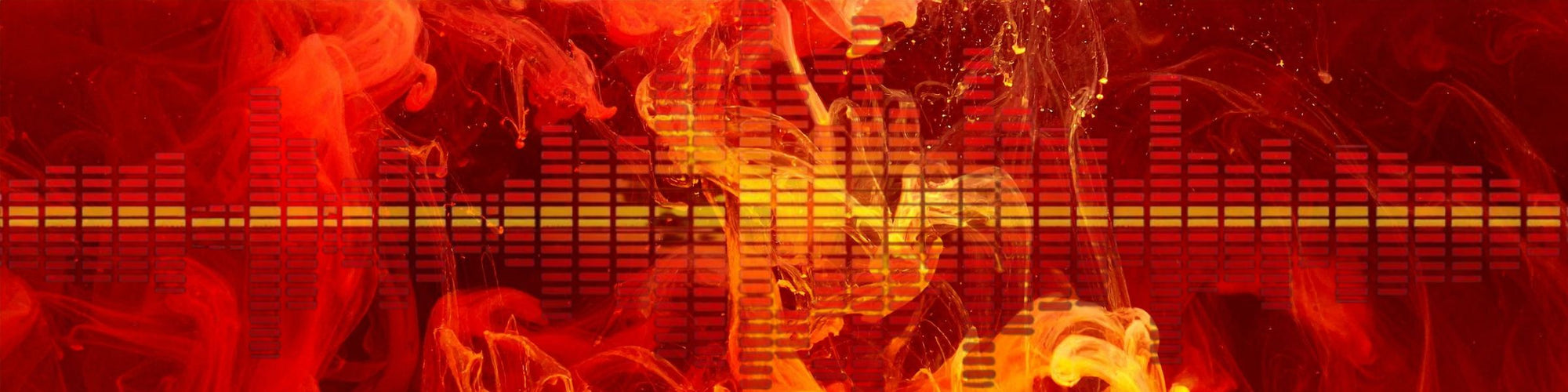 “Abstract red and orange background with flame-like smoke and a horizontal audio equalizer graphic stretching across the center, representing music and sound energy.”