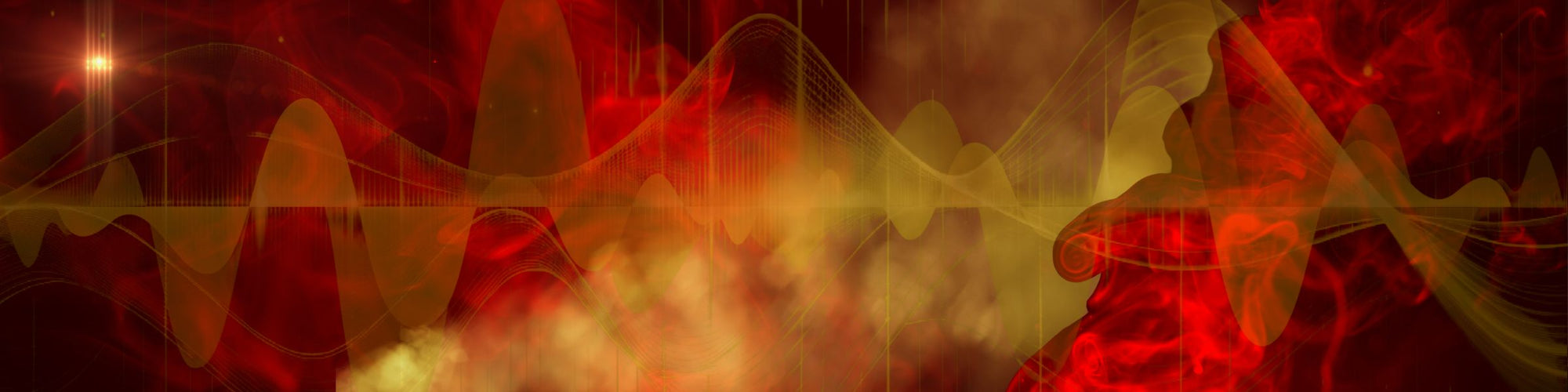 “Red and gold abstract background featuring layered sound waves and glowing waveform patterns over smoky textures, symbolizing dynamic audio performance.”