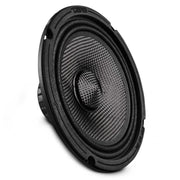 The DS18 PRO-CF6.4SLN 6.5" slim midrange speaker offers 500W max power, waterproof carbon fiber cone, and shallow mount design for tight marine or powersport installs. front side view.
