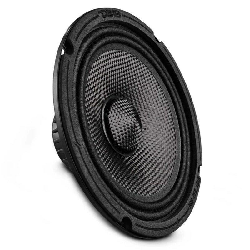 The DS18 PRO-CF6.4SLN 6.5" slim midrange speaker offers 500W max power, waterproof carbon fiber cone, and shallow mount design for tight marine or powersport installs. front side view.