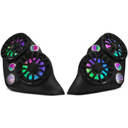 DS18 SLG-F82LD speaker pods for 2015+ Polaris Slingshot. Dual 8" marine-grade coaxials with RGB LED lighting. Weatherproof, bolt-on fit for powerful audio upgrade. Front view of pair.