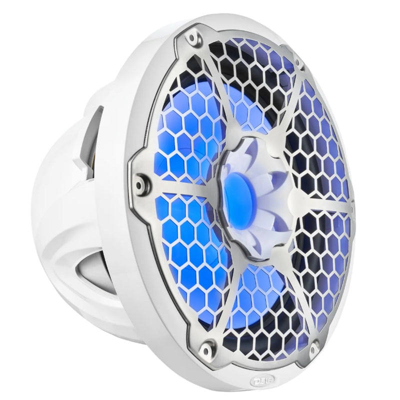 2" DS18 waterproof marine subwoofer with 700W max power, RGB LED lighting, and IP65 rating. UV-resistant and free-air capable. 