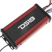 Compact 4-channel DS18 micro amp with 720W max power, waterproof build, and filter controls. Ideal for ATV, UTV, and marine installs. Amplifier Side Angle