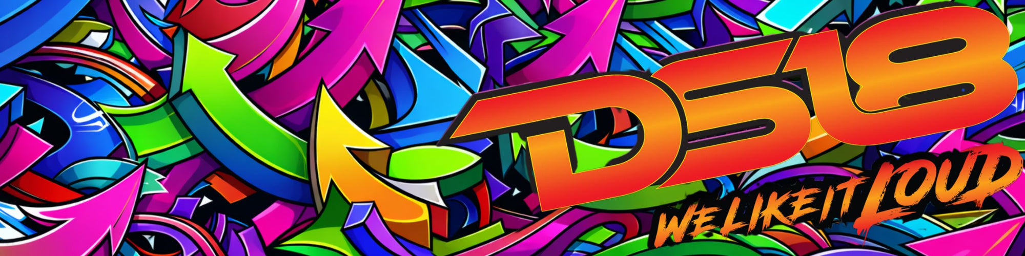 “Vibrant graffiti-style background with multicolored arrows and bold ‘DS18 – We Like It Loud’ text in orange and red gradient lettering.”