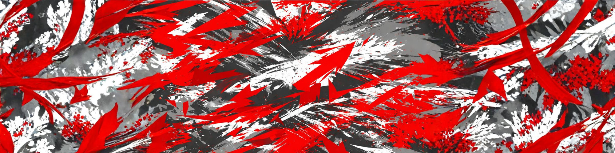 “Abstract black, white, and gray background with bold red brushstroke arrows and paint splatter patterns layered across the design.”