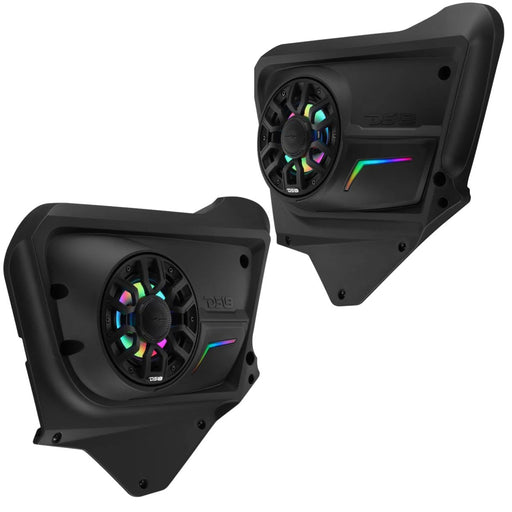 Shows a right and left front side taken image of DS18 Can-Am Maverick X3 Max 2017-Up Rear Door Speaker Panels w/ 6.5" RGB LED 300W Max 4 Ohm Pair