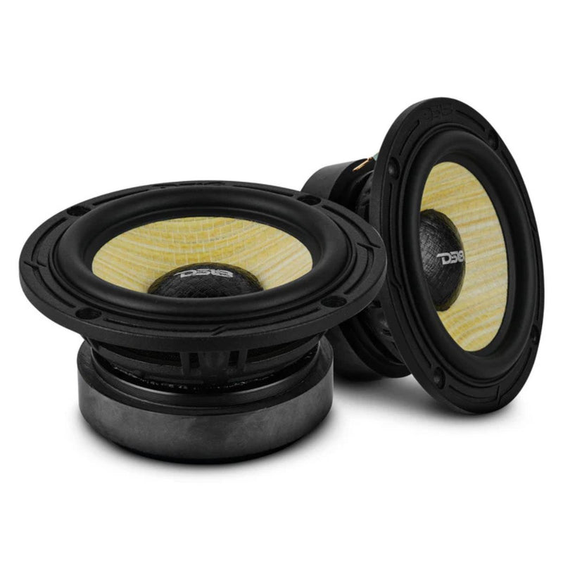 Front and side view of DS18 DXQ3.5 | 3.5" 60W RMS Midrange Speaker Yellow Straw Cone | 4-Ohm