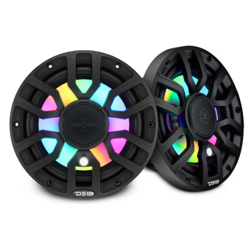 DS18 NXL-IQ7.7/BK 7.7” marine coaxial speaker pair with bullet tweeters, digital LED lighting, white deck LED, 175W RMS, 96dB, IP65 rated. Black Speaker Pair Front View
