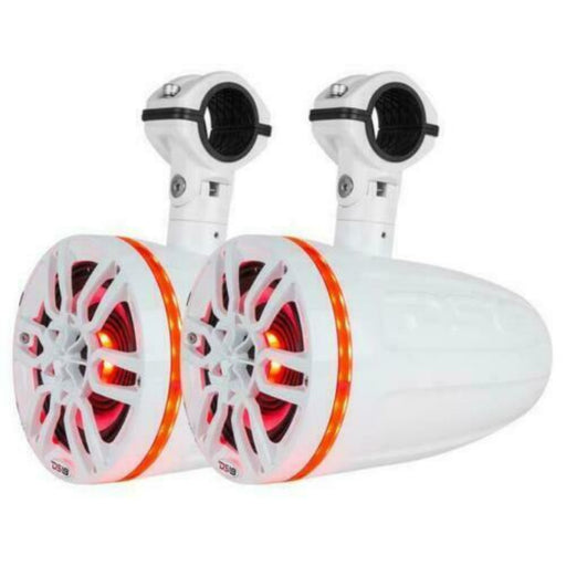 Front View of DS18 NXL6TPW 6.5" Marine Tower Speakers | 450W RGB Waterproof White, with red RGB lights on