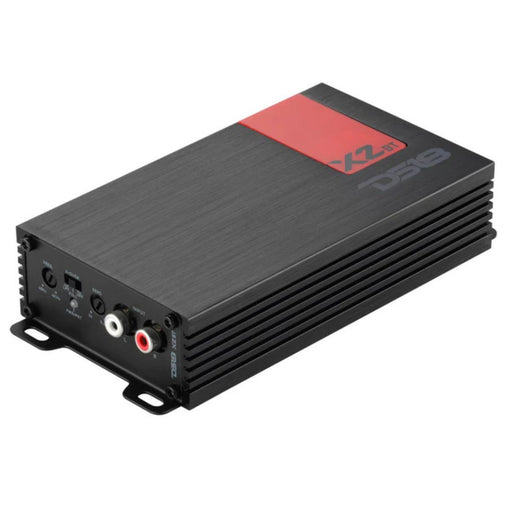 DS18 X2BT ultra compact 2 channel Class D amplifier with Bluetooth 5.1, 140W RMS x2, water resistant design for car, motorcycle, and powersports audio. Amplifier profile view