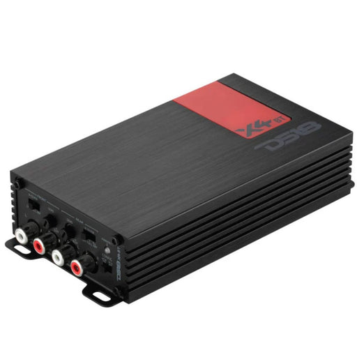 Compact DS18 X4BT 4 channel Class D amplifier with Bluetooth 5.1. Perfect for motorcycles, marine, and small audio systems. Amplifier Right Angle view