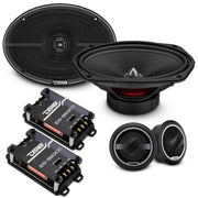front and side view of DS18 ZXI-692C 6x9 Component Speakers 120W RMS 2-Way Set with Tweeters full set on white background.