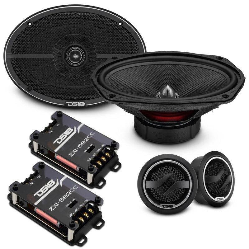front and side view of DS18 ZXI-692C 6x9 Component Speakers 120W RMS 2-Way Set with Tweeters full set on white background.
