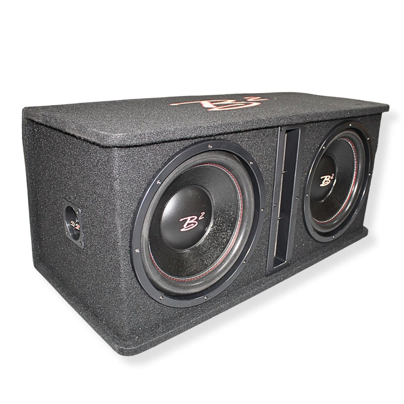front-facing right side view of DVPE212 | B2 Audio Dual 12" 1000W RMS Vented Loaded Subwoofer Enclosure, can partially see input connectors. 