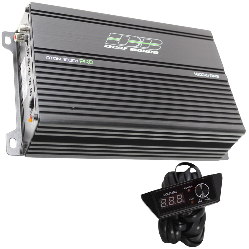 Top view of Deaf Bonce ATOM 1.6K Pro ultra-compact amplifier showing sleek design and Apocalypse branding.