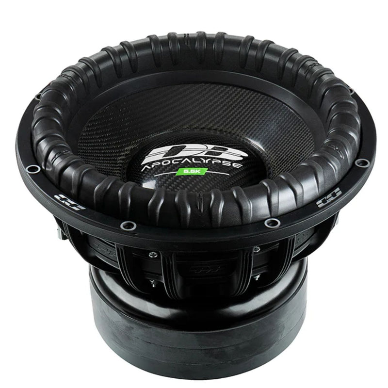 Deaf Bonce Apocalypse DB-5.5K 15" D2 subwoofer with 5500W RMS, Dual 2 Ohm voice coils, carbon sandwich cone, and extreme SPL performance. Top side view