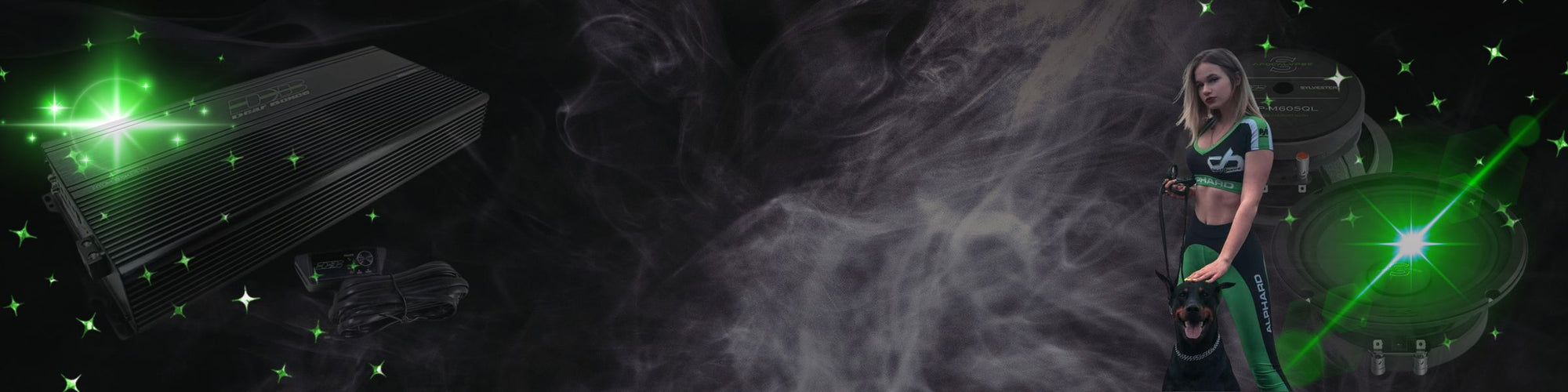 “Car audio amplifier and subwoofer on a smoky dark background with green light effects, alongside a woman in branded athletic wear holding a dog.”