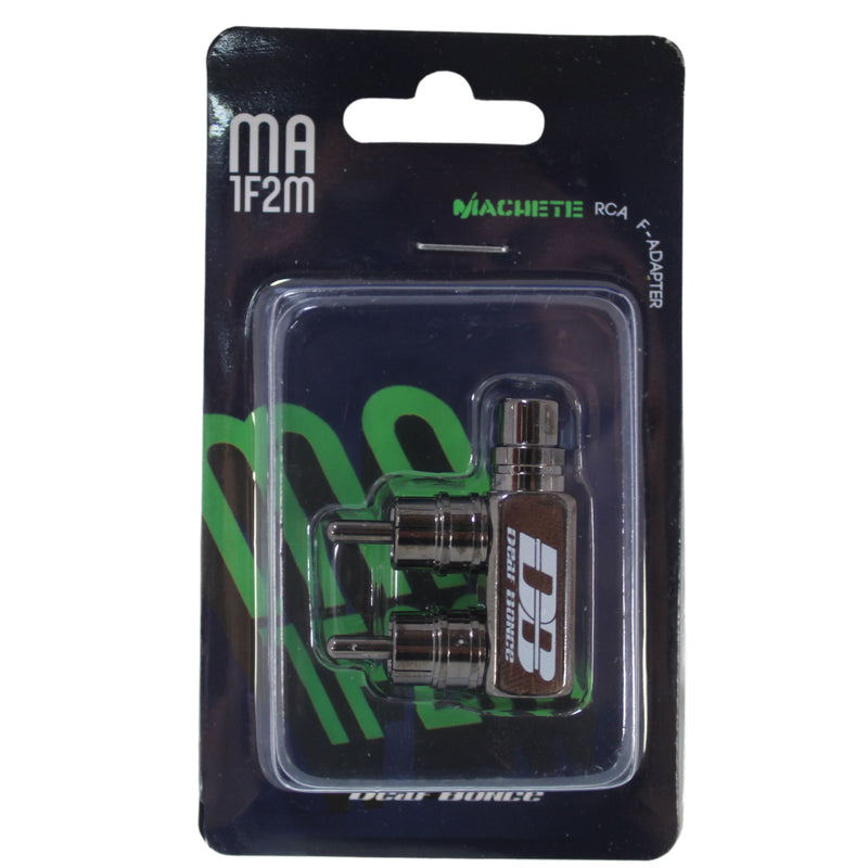 Retail packaging of the Deaf Bonce Machete MA-1F2M RCA F-Adapter showing the compact adapter with one female and two male RCA connectors in a clear plastic blister pack with branded labeling.