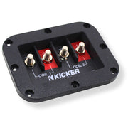 Upgrade your DVC subwoofer box with the Kicker 49DTC Terminal Cup. Supports 8–0 AWG wire, sealed design, and brass terminals for high-power car audio installs. Front view.