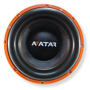 Front view of Avatar Tsunami STU-1246-D2 12-inch subwoofer with bold orange cone and black surround.