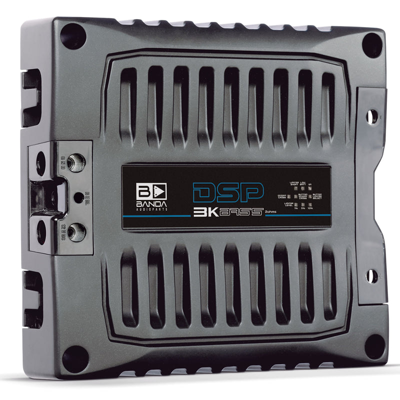 Front view of DSP-BASS-3K2 car audio amplifier – high-performance, clean design, available at Big Jeff Audio.
