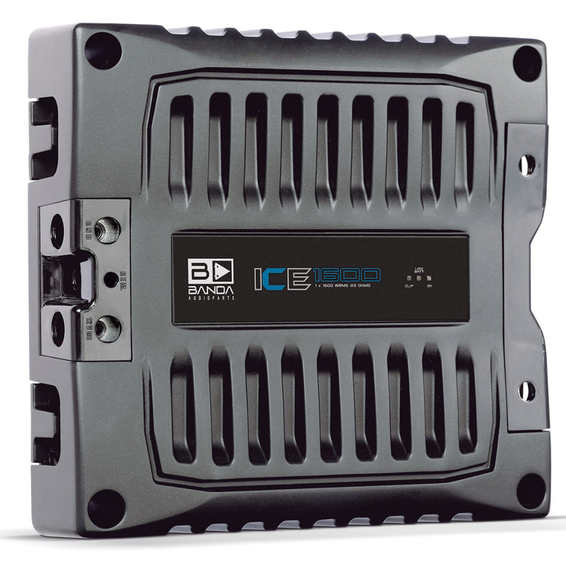 Front view of ICE-X-1602 car audio amplifier – high-performance, clean design, available at Big Jeff Audio.