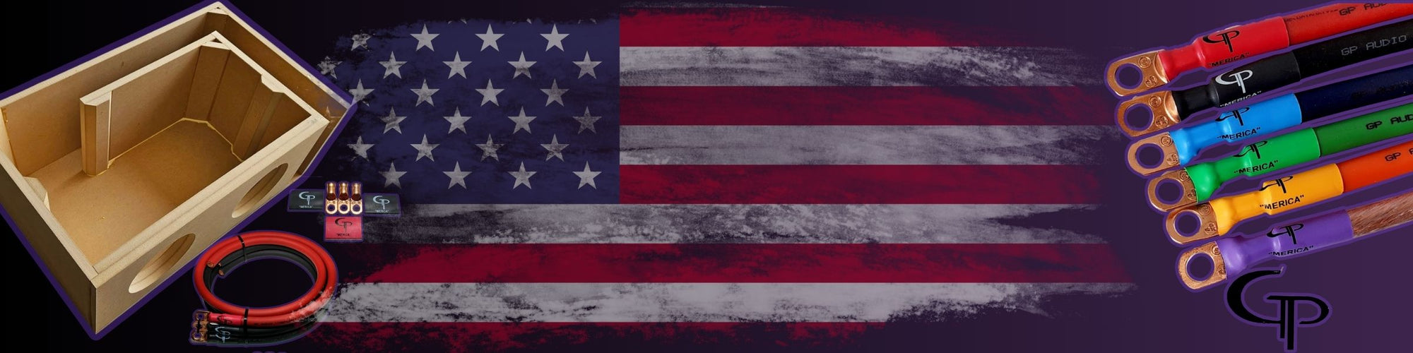 “American flag backdrop featuring a wooden subwoofer enclosure, power wire kit, and color-coded heavy-gauge cables with copper terminals.”