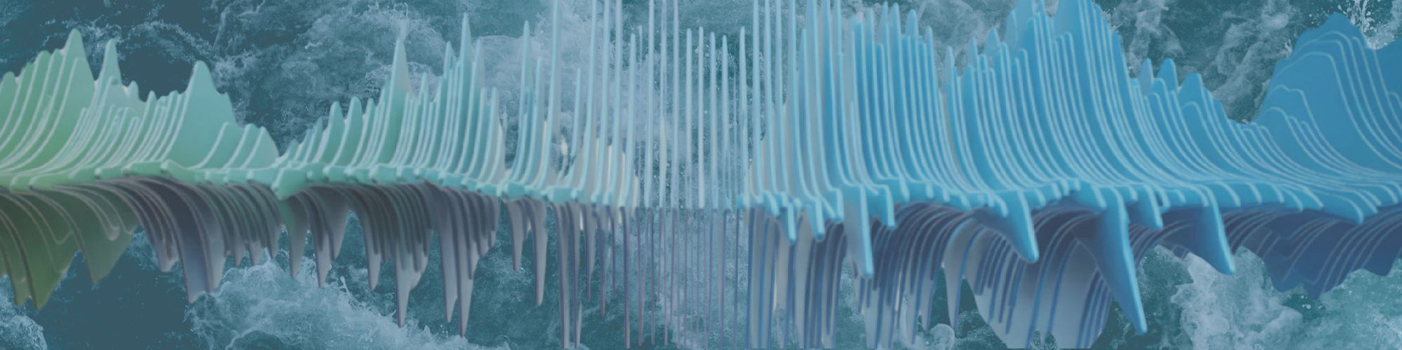 “Abstract blue and teal 3D waveform shapes layered over crashing ocean waves, creating a mirrored soundwave effect.”