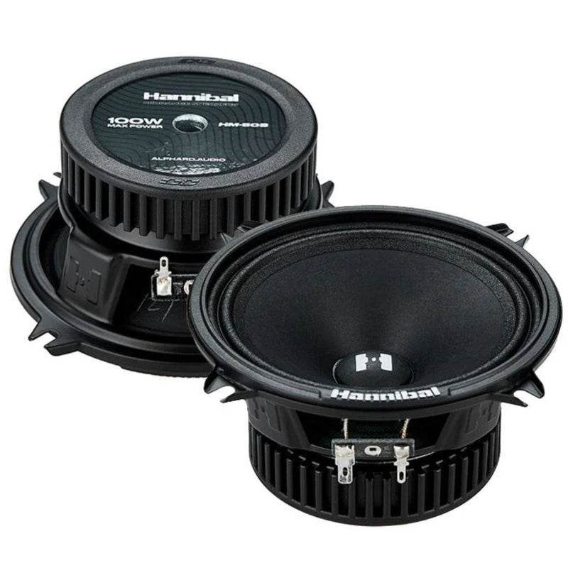 Deaf Bonce Hannibal HM-50S 5.2" mid-range speakers deliver 50W RMS power, 89dB sensitivity, and smooth mids in a compact steel-frame design. Top and Bottom View.