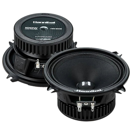 Deaf Bonce Hannibal HM-50S 5.2" mid-range speakers deliver 50W RMS power, 89dB sensitivity, and smooth mids in a compact steel-frame design. Top and Bottom View.