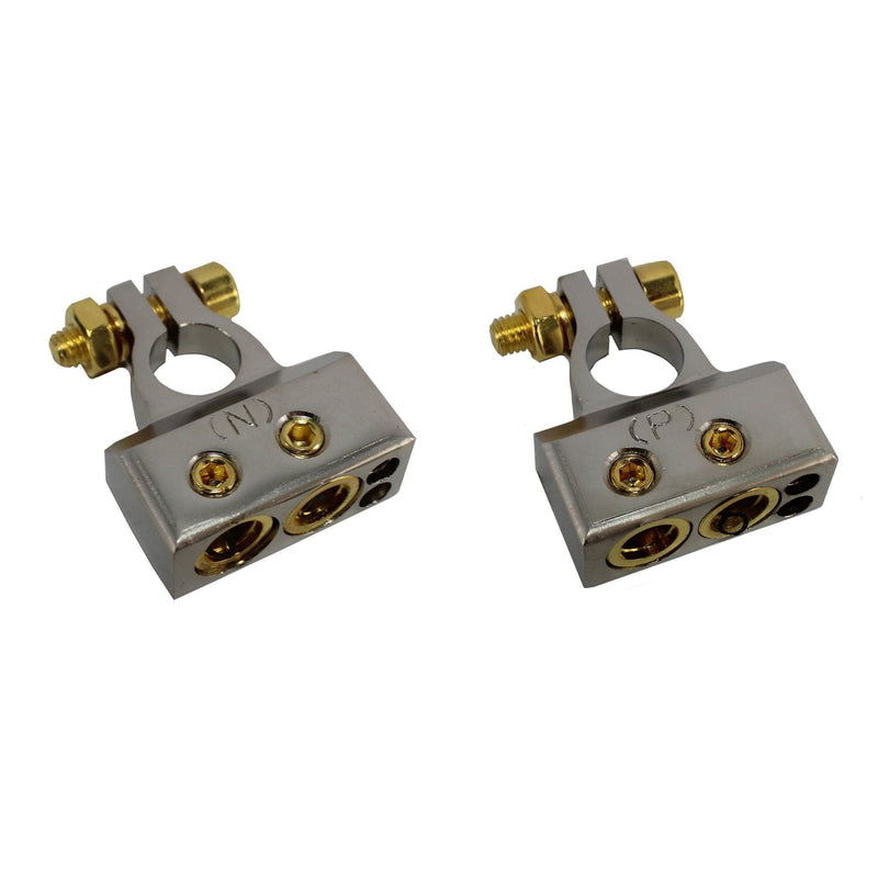 Satin Nickel 1/0 or 4AWG to 8AWG Positive + Negative Battery Terminal Combo