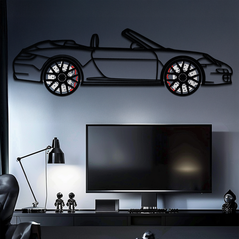 Porsche-Inspired Cabrio Silhouette Metal Wall Art – Rotating Wheel Garage Decor Gift,KAFMEKA055
