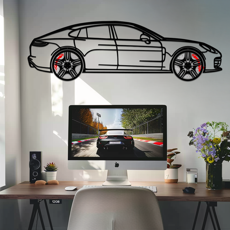 Porsche Panamera GTS 2023 Metal Wall Art – Luxury Sport Sedan Silhouette with Rotating Wheels-KAFMEKA066