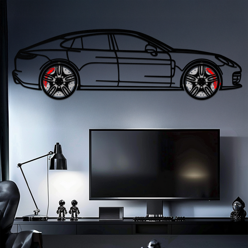 Porsche Panamera GTS 2023 Metal Wall Art – Luxury Sport Sedan Silhouette with Rotating Wheels-KAFMEKA066