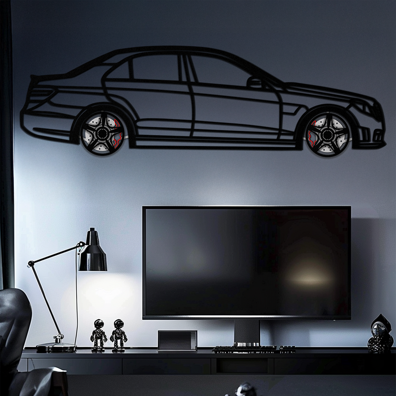Mercedes E63 AMG Metal Wall Art – Rotating Wheels • Luxury Car Silhouette • Perfect Gift for Mercedes Lovers- KAFMEKA079