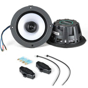 Displays, product contents: 2 speakers one front facing one with side view face down, and install hardware. For KM614FL 6.5" LED Thin-Mount Speaker | REAL MARINE Durable by KICKER 