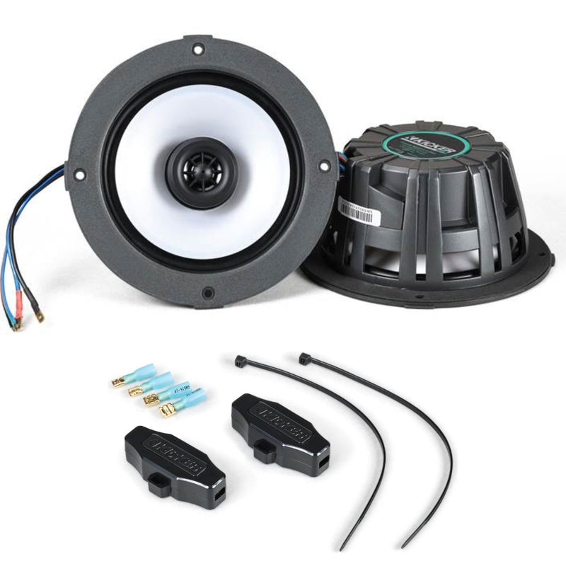Displays, product contents: 2 speakers one front facing one with side view face down, and install hardware. For KM614FL 6.5" LED Thin-Mount Speaker | REAL MARINE Durable by KICKER 