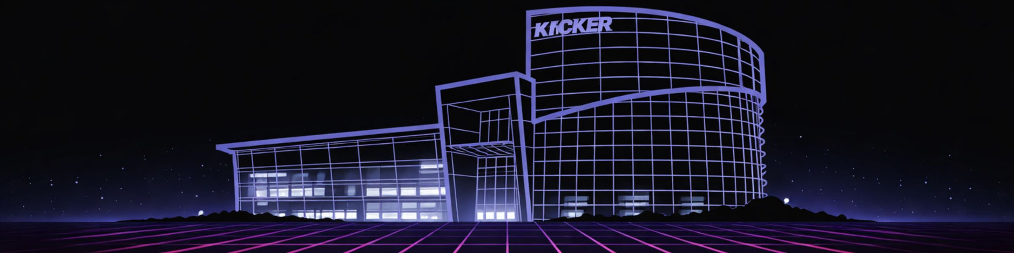 “Stylized night illustration of a modern glass building with ‘KICKER’ signage, set against a starry sky and a purple neon grid foreground.”