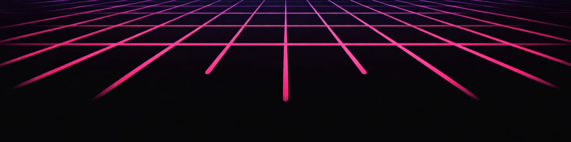 “Retro-inspired perspective grid in pink and purple neon lines on a dark background, fading toward the horizon.”