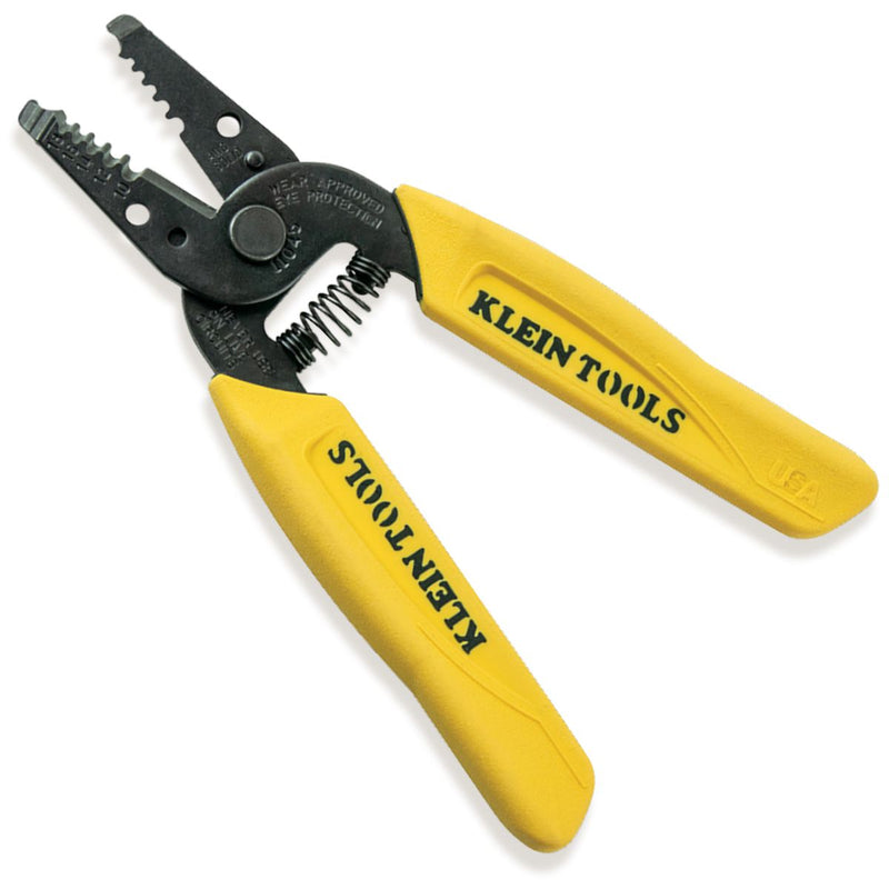 Klein Tools 10–18 AWG Wire Stripper Cutter IB11045 | Car Audio & Electrical top pointed to the left with the wire size cutter facing you.