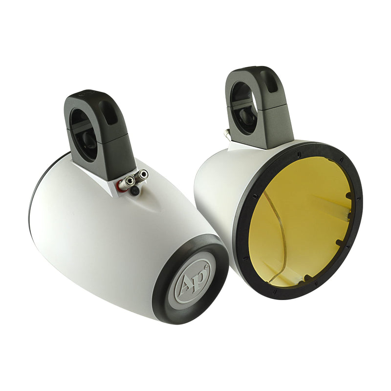 Weatherproof tower pods for 6" speakers & 3" tweeters. LED-ready, UV-protected with flexible mounting—ideal for boats, ATVs & UTVs. View of side angle pair of speakers.