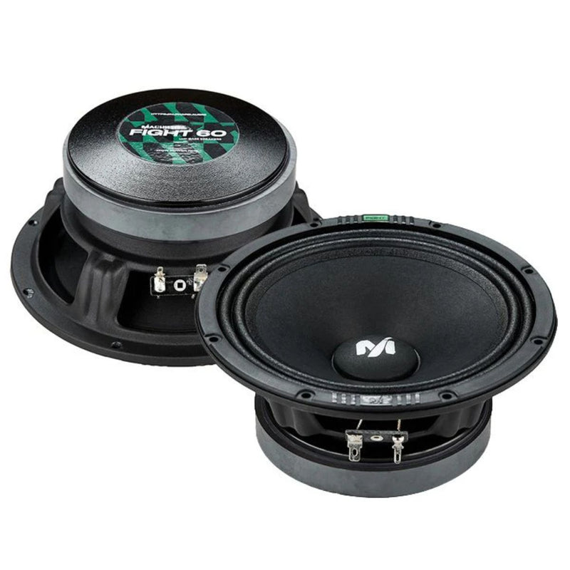 Deaf Bonce Machete MF-60MB 6.5″ mid-bass speakers deliver 150W RMS and deep punchy lows—ideal for car audio systems needing clean, powerful midbass. Front and Back View.