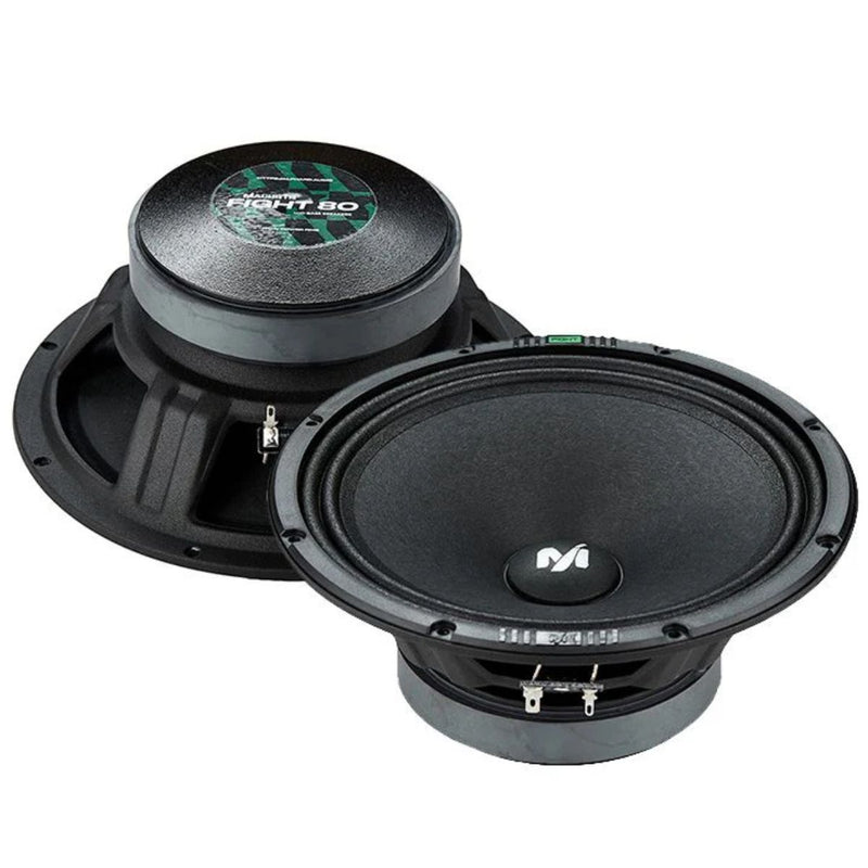 Deaf Bonce Machete MF-80MB 8″ mid-bass speakers offer 200W RMS power and strong low-end response—perfect for deep, punchy midbass in custom car audio builds. View Top and Bottom.