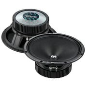 Get clean, aggressive midrange with the Machete MF-80 8″ speakers by Deaf Bonce. Built with a ferrite magnet, stamped steel frame, and 150W RMS power for serious output. Ideal for daily and SPL builds. View of front and back pair of speakers.