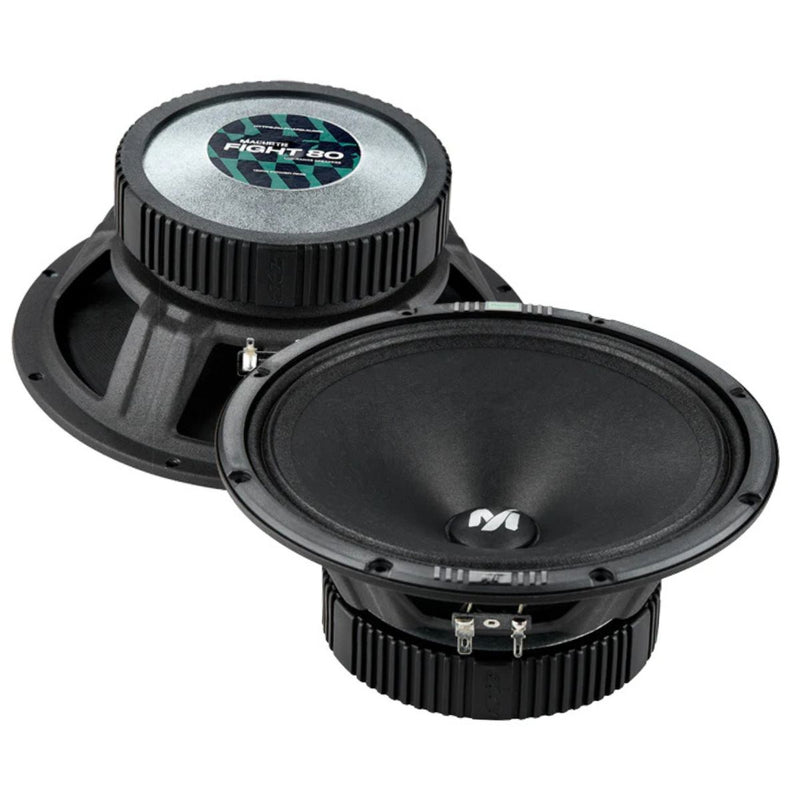 Get clean, aggressive midrange with the Machete MF-80 8″ speakers by Deaf Bonce. Built with a ferrite magnet, stamped steel frame, and 150W RMS power for serious output. Ideal for daily and SPL builds. View of front and back pair of speakers.