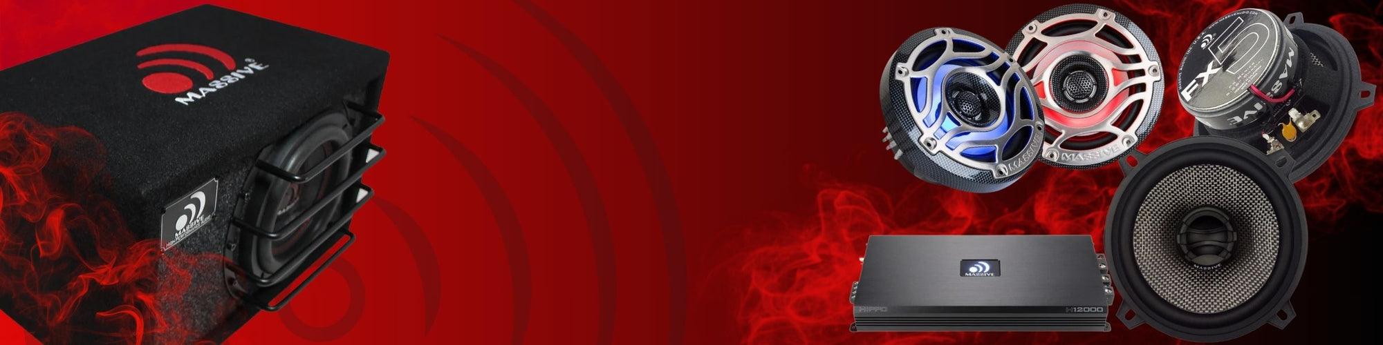 “Red promotional banner featuring Massive Audio subwoofer enclosure, speakers, and amplifier displayed against a smoky background.”
